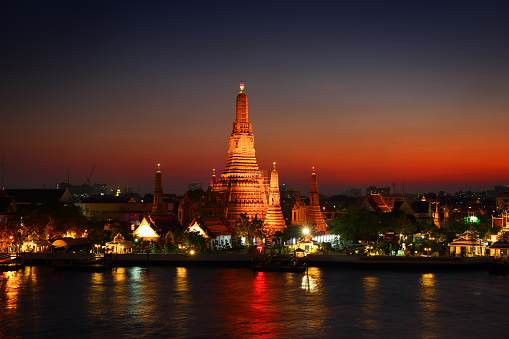 Wat Arun at twilight time. Buddhist temple located along the Chao Phraya river in Bangkok, Thailand