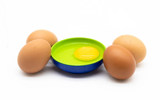istock whole eggs and broken in a plate isolated on white background, 1402273199