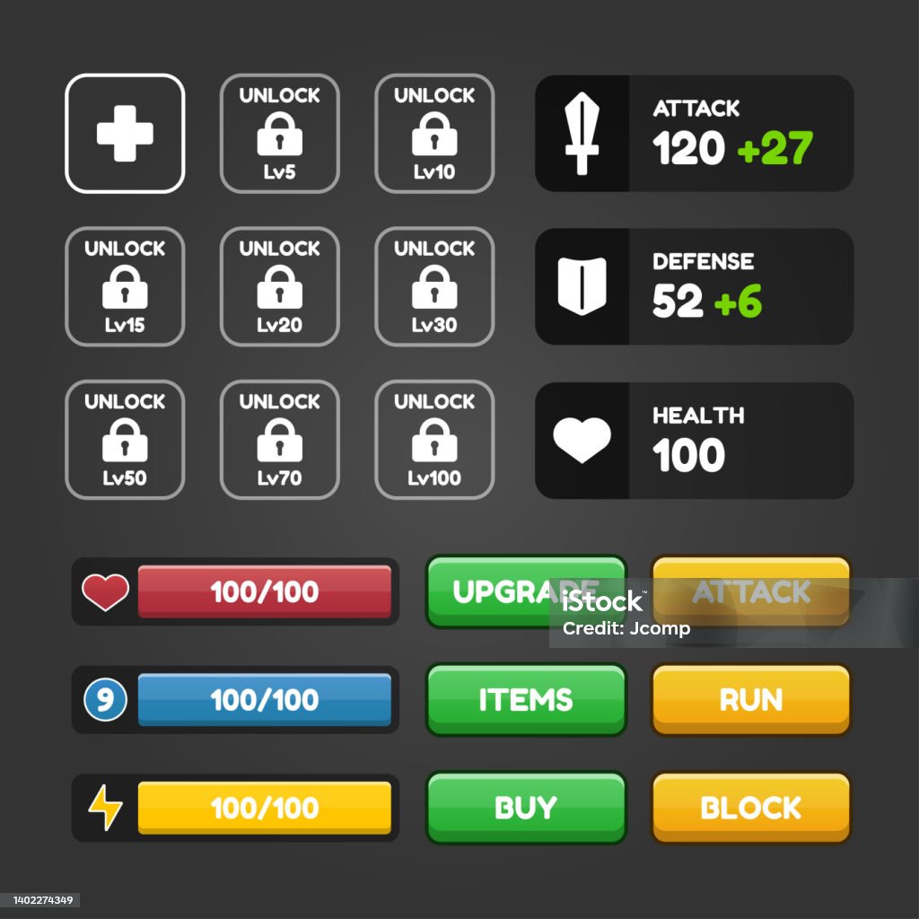Vector Game Template Gui Kit Interface Button Elements Stock ...