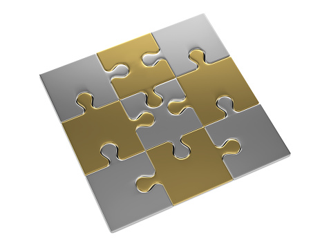 Jigsaw puzzle pieces textured with United Kingdom and Hong Kong flags on white. Horizontal composition with copy space. Clipping path is included.