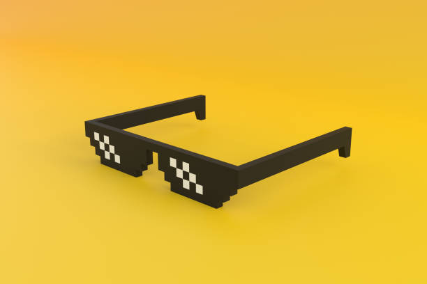 Meme pixel glasses on a yellow background. Minimalistic concept. 3D rendering 3D illustration
