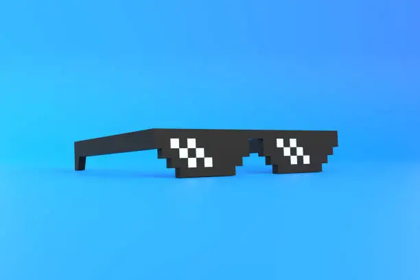 Photo of Meme pixel glasses on a blue background. Minimalistic concept. 3D rendering 3D illustration