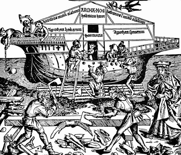 ilustraciones, imágenes clip art, dibujos animados e iconos de stock de construyendo el arca de noé, siglo 15 - ark bible animal engraving