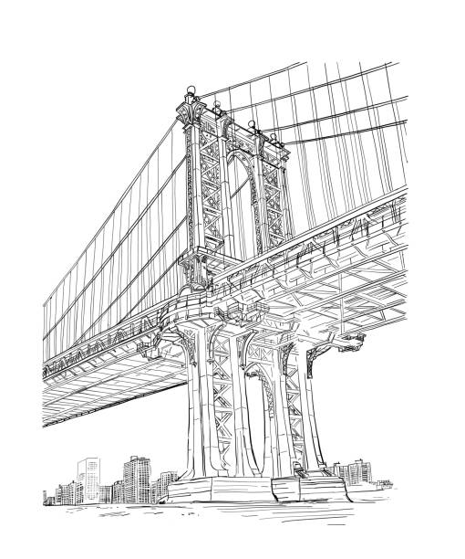 нарисованный от руки эскиз моста. нью-йорк, линейная иллюстрация - new york city brooklyn bridge brooklyn bridge stock illustrations
