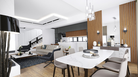 dark kitchen, modern kitchen and living area, 3d render image interior, villa interior desig