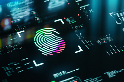 Fingerprint Biometric Authentication Button. Digital Security graphic user interface background.