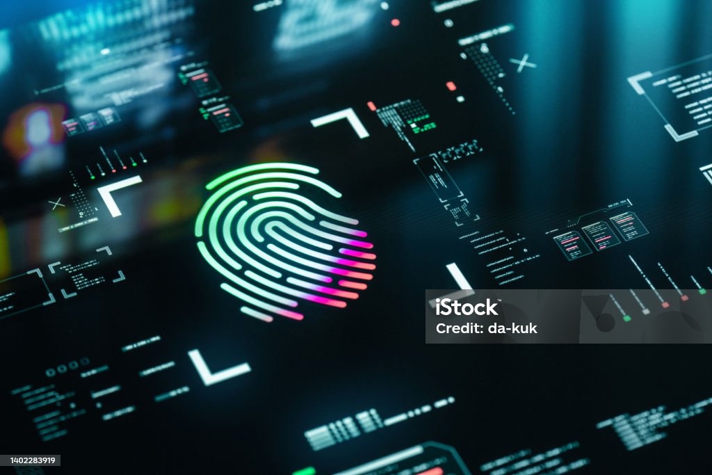 Biometric Authentication Button. Digital Security Concept Fingerprint Biometric Authentication Button. Digital Security graphic user interface background. Biometrics Stock Photo