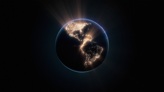 Planet Earth with city light illumination. 3D render