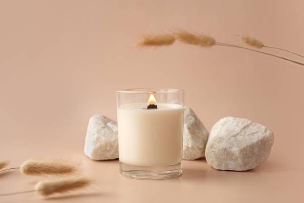 ベージュの背景にバニラ燃えるキャンドル。石と乾いた花の審美的な構成 - aromatherapy candles ストックフォトと画像