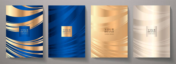 Premium cover design set. Wavy lux background with line pattern (wavy curves) Luxury vector in navy blue, gold colours for business background, sport brochure template, planner, flyer a4, music poster invitation stock illustrations