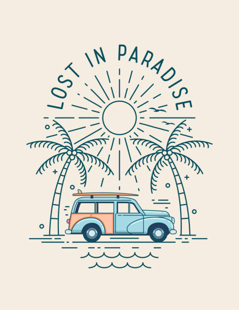 istock Summer vacation travel illustration with retro car with surfboard on the top on the beach under palm trees with sunset on background for poster or card or t-shirt print design. Vector illustration 1402285577