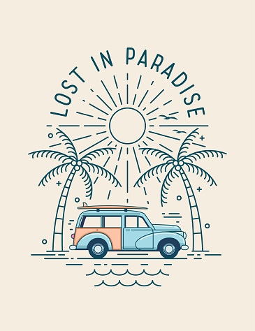 Summer vacation travel illustration with retro car with surfboard on the top on the beach under palm trees with sunset on background for poster or card or t-shirt print design. Vector eps 10 illustration