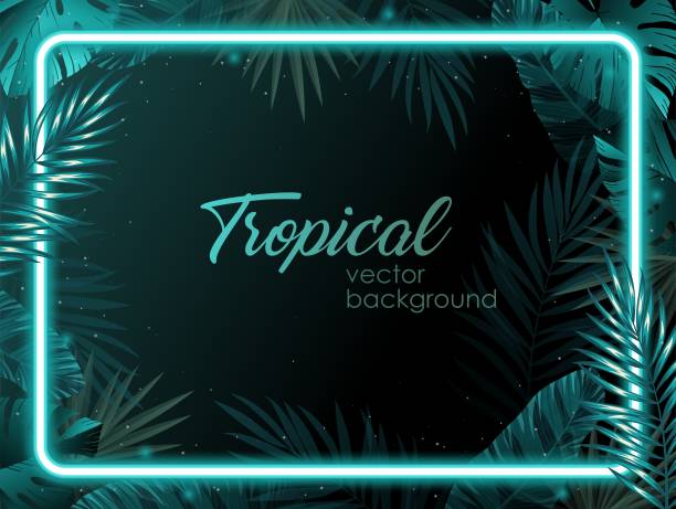 istock Dark green tropical party design with palm leaves and neon light. 1402285761