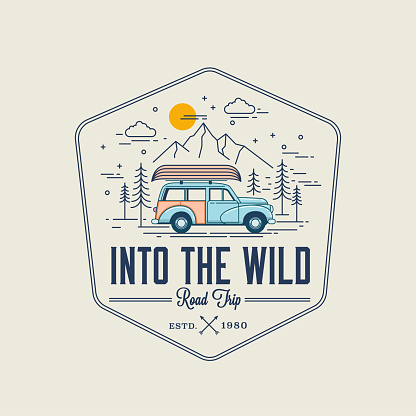 Adventure outdoor road trip badge or label or logo design template with vintage car with kayak on the top on outlined mountains landscape. Vector eps 10 illustration