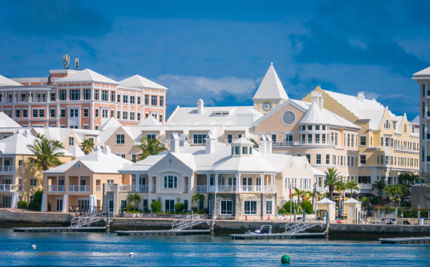 Pastel Architecture of Hamilton Modern condominiums and apartment buildings along the waterfront in Hamilton, Bermuda hamilton on stock pictures, royalty-free photos & images