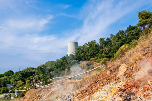 Cooling tower in the Biancane Nature Park, a natural area with free access rich in geothermal wells, whose steam is used for the production of electricity