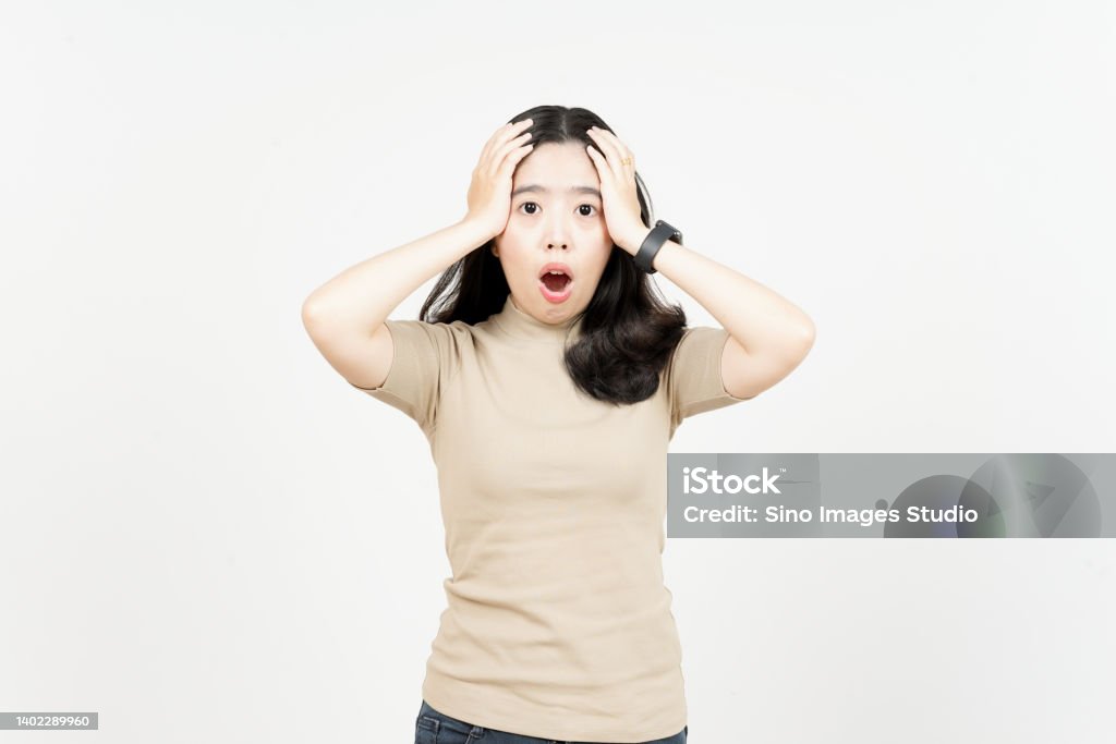 Shocked Face Expression Of Beautiful Asian Woman Isolated On White Background 20-29 Years Stock Photo