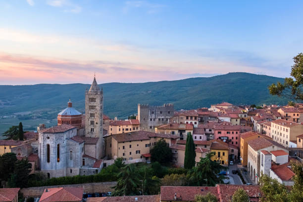 High angle view of Massa Marittima at sunset