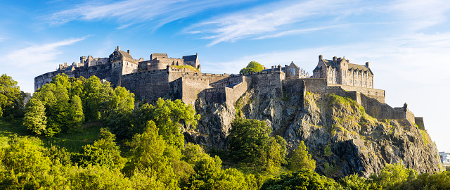 Edinburgh Castle is built on a volcanic rock. This medieval historic fortress dominates the skyline of the city of Edinburgh, Scotland, UK