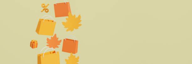 istock 3d rendering. Autumn Background, banner, poster or flyer design for website, Template for advertising, web, social and fashion ads with shopping bag and gift box on light yellow background. 1402294575