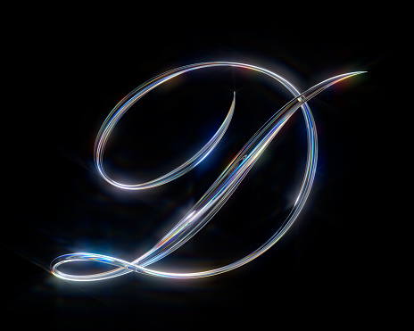 Glass Capital Letter D on black background from a gorgeous set of handwritten 3D alphabet. You can make any words from these letters. The sizes of each letter in pixels correspond to each other.