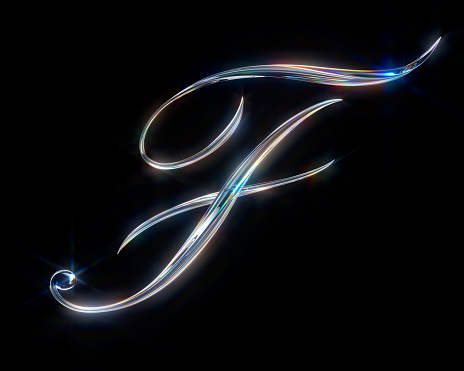 Glass Capital Letter F on black background from a gorgeous set of handwritten 3D alphabet. You can make any words from these letters. The sizes of each letter in pixels correspond to each other.