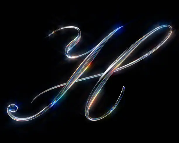 Glass Capital Letter H on black background from a gorgeous set of handwritten 3D alphabet. You can make any words from these letters. The sizes of each letter in pixels correspond to each other.
