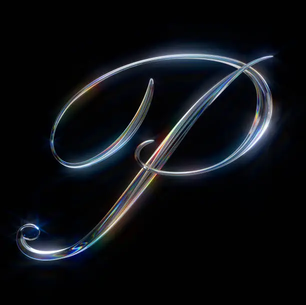 Glass Capital Letter P on black background from a gorgeous set of handwritten 3D alphabet. You can make any words from these letters. The sizes of each letter in pixels correspond to each other.