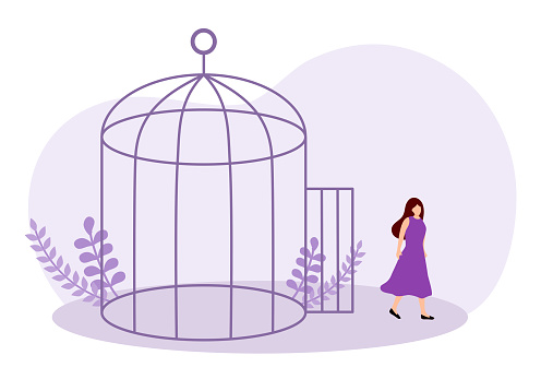 Woman freedom concept vector illustration. Woman walking away from cage in flat design.
