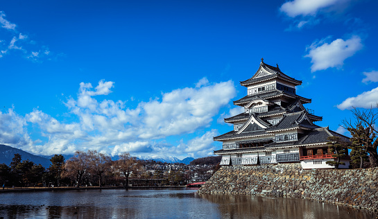 Matsumoto, Japan - January 05, 2020: Amazing View to the Matsumoto Castle, reflected in the River