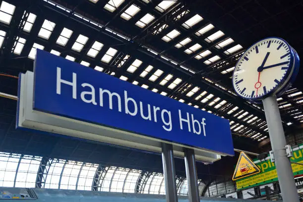 Hamburg am Main central railway station (Hbf) sign, Germany