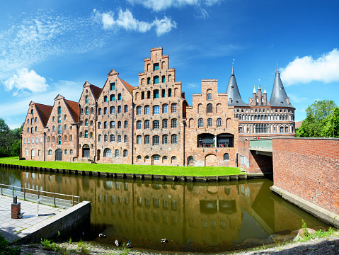 The Salt Storehouses (Salzspeicher) of Lübeck are six historic brick buildings on the Upper Trave River, Germany