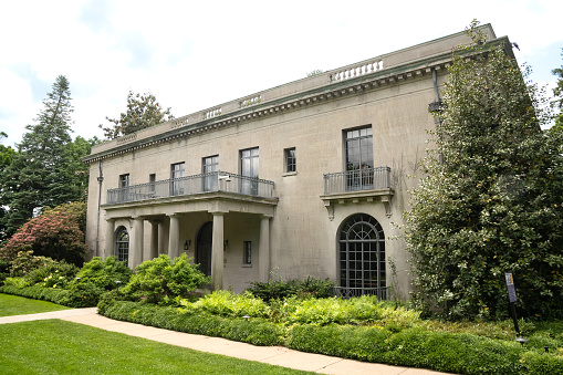 Montclair,NJ - USA - May 29, 2022 View of the Van Vleck House, built in 1916 by Joseph Van Vleck Jr. as a Mediterranean villa. Now a non-profit community resource in Montclair in Essex County.