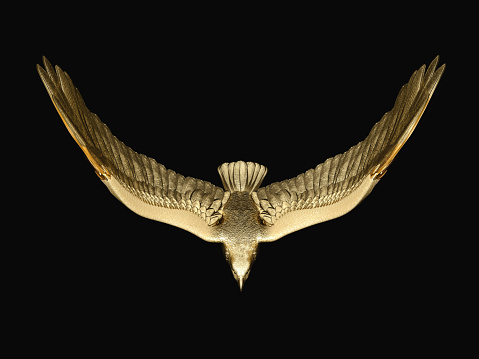 Statue of golden eagle  on dark background. Top view. 3D illustration.