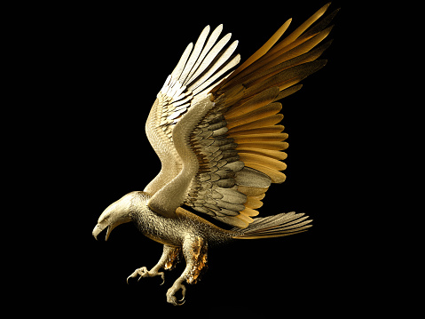 Statue of a golden eagle in swooping posture on a dark background. Side view. 3D illustration.