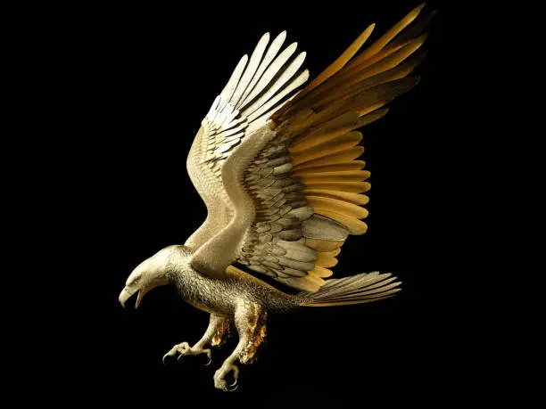 Photo of Statue of golden eagle in swooping posture. Side view. 3D illustration.