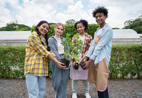 Happy teenagers holding sapling tree with organic farm background