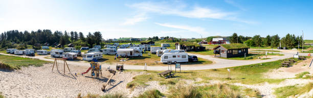 Holiday caravan park and children playground at Olberg beach in summer stock photo