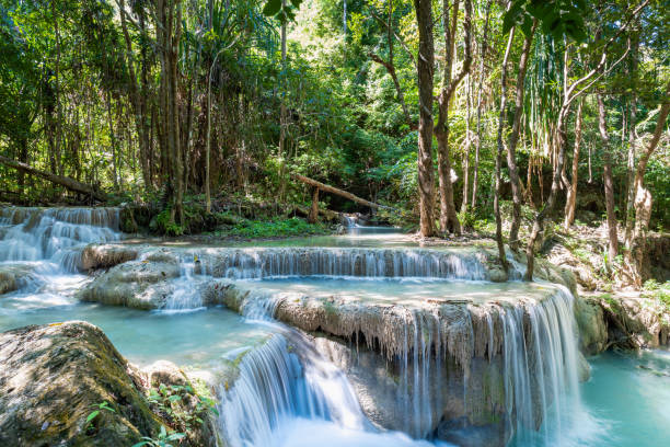 erawan nationalpark in thailand mit smaragdblauem wasser in tiefem wald - erawan stock-fotos und bilder