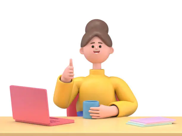 Photo of 3D illustration of smiling woman Angela -  happy, energetic woman working on computer in workplace.3D rendering on white background.