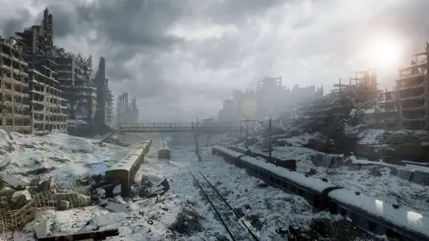 Digitally generated accurate nuclear winter scene depicting a desolate heavy snow covered urban landscape with buildings in ruins.
