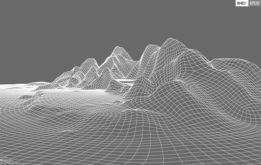 Wireframe landscape on white background. Abstract geometric vector technology background.