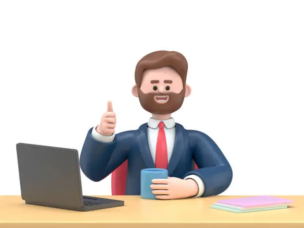 Photo of 3D illustration of smiling businessman Bob -  happy, energetic woman working on computer in workplace.3D rendering on white background.