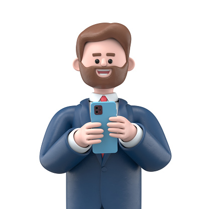 3D illustration of a smiling businessman Bob looking at smartphone and chatting. Portraits of cartoon characters talking and typing on the phone. Communication in social networking, mobile connection. 3D rendering on white background.