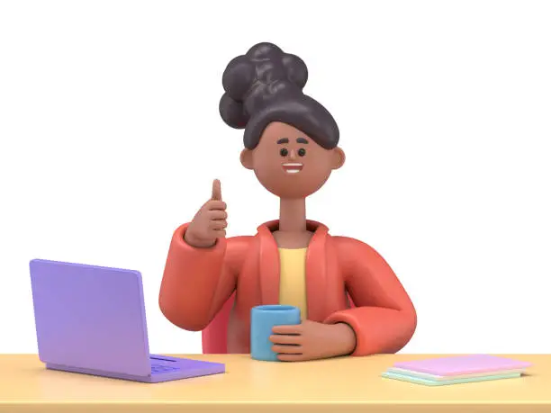 Photo of 3D illustration of smiling african american woman Coco -  happy, energetic woman working on computer in workplace.3D rendering on white background.