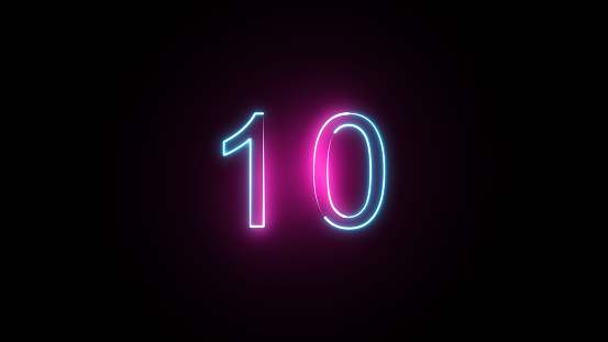 Neon number 10 on black background. Ten. 3D render.