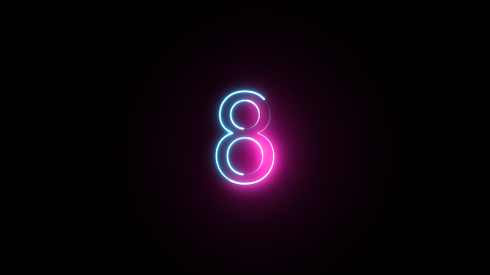 Neon number 8 on black background. Eight. 3D render.