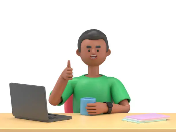 Photo of 3D illustration of smiling african american man David -  happy, energetic woman working on computer in workplace.3D rendering on white background.