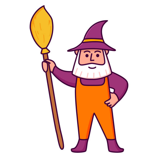 illustrations, cliparts, dessins animés et icônes de gnome en chapeau avec balai et barbe. carte de vœux des fêtes. - gnome troll wizard dwarf