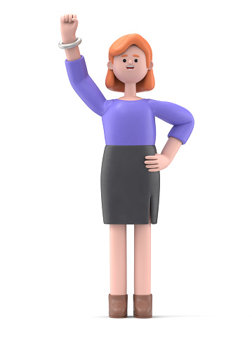 3D illustration of smiling businesswoman Ellen- doing winner, clenched fist gesture. Strong, powerful and confident woman. Healthy lifestyle concepts.  3D rendering on white background.